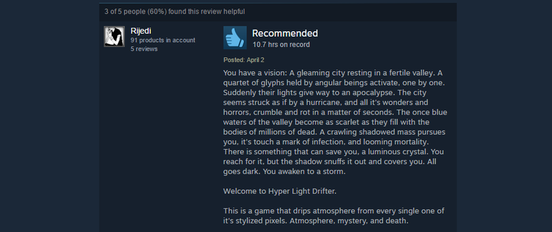 Illustration for article titled Hyper Light Drifter, As Told By Steam Reviews